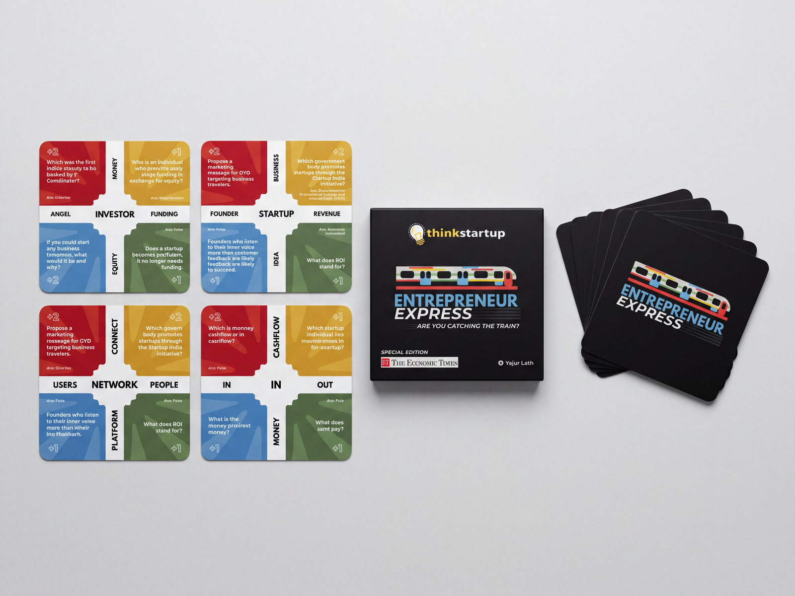 Entrepreneur Express cards showing the four coloured question corners